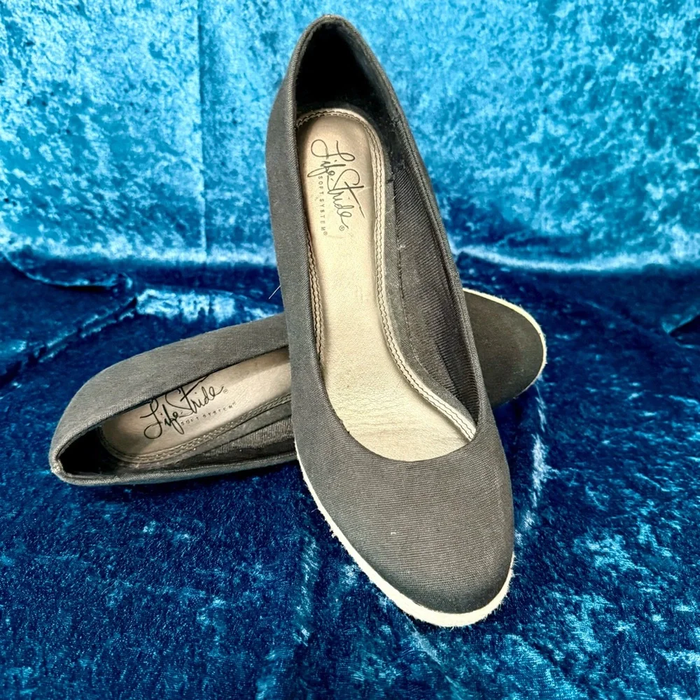 LifeStride Dexflex Black Canvas Cork Wedge‎ Sandals Size 8 Cushion Comfort